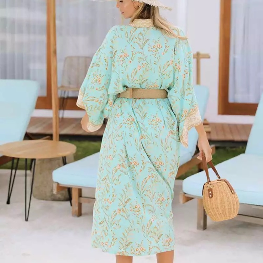 SOLD OUT . Turquoise Fields Floral Kimono Robe Coverup - Picture 5 of 7
